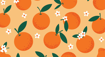 A vibrant orange citrus fruit pattern with leaves and small white blossoms.