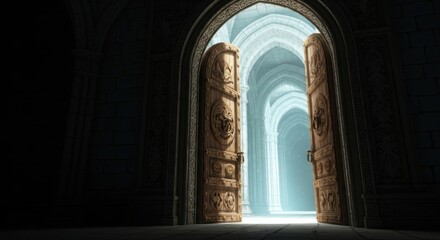 Obraz premium Grand Ornate Doorway Inside Light Illuminated Arched Hallway