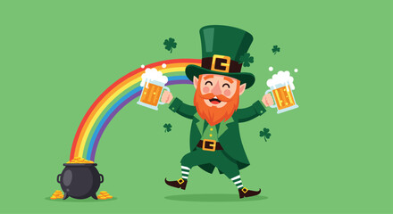 A cheerful leprechaun holding two foamy mugs of beer under a rainbow.