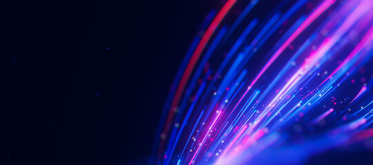 Closeup of bigdata light speed trails flow. Abstract digital data stream of quantum computing. Cyberspace of qubit trails. Modern tech information transmission.