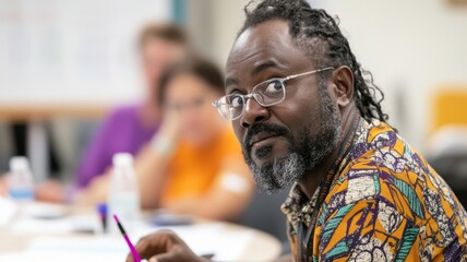 African male participant explaining survey results in focus with diverse group listening. Survey research answer checklist