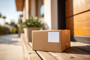 Brown cardboard box placed on a wooden doorstep in front of a house