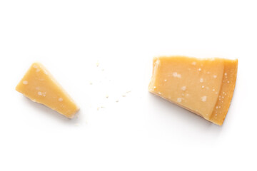 Parmesan cheese wedge, cut, with copy space, isolated on a white background, overhead flat lay shot