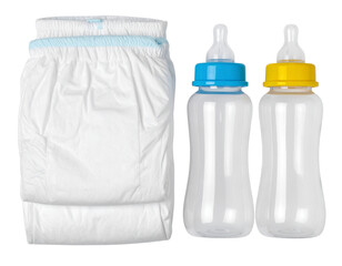  “Set of Baby Diapers and Feeding Bottles, isolated on a transparent background”.