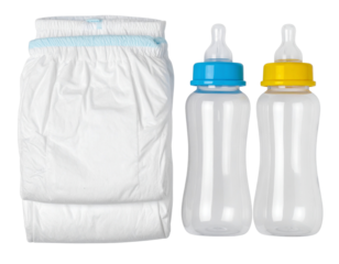  “Set of Baby Diapers and Feeding Bottles, isolated on a transparent background”.