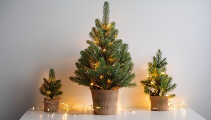 tabletop mini tree with fairy lights on white background