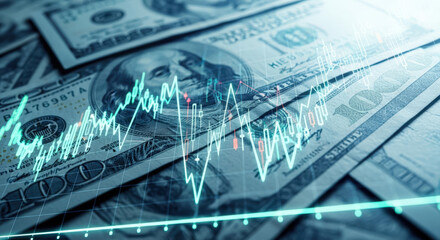 Financial Market Analysis and Investment Strategy with US Dollar Bills and Stock Chart Overlay, Representing Economic Trends and Trading