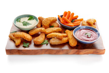 Chicken nuggets with fresh vegetables and dips on a wooden board, on a white background