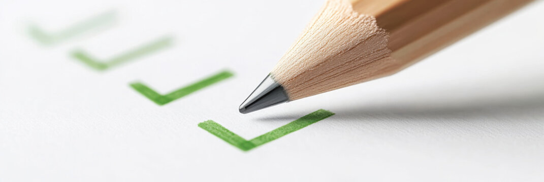 Isolated stylized pencil hovering over modern checklist with green checkmarks. Survey research answer checklist