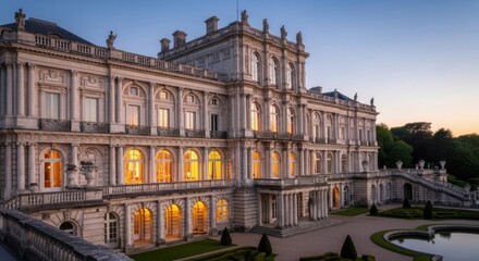 Obraz premium Grand Historic Mansion Exterior at Sunset with Illuminated Windows and Elegant Architecture