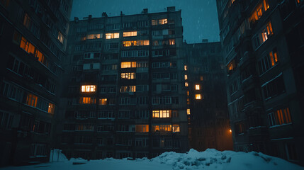 Soviet-era apartment blocks at night with glowing windows and snowfall over a snowy urban courtyard in winter