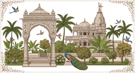 Create a Mughal style Jaipur palace garden, temple, arch with column, tropical plant, peacock, bird, floral decorative frame, border. Indian pichwai garden illustration for greeting card, vector art .