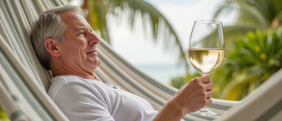 Relaxing man enjoying glass of wine in hammock surrounded by tropical plants, embodying tranquility and leisure
