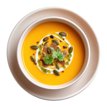 Vibrant Butternut Squash Veloute Soup with Seed Crisps and Sage Oil in Shallow Bowl
