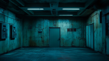 Dark, eerie industrial room with grungy walls, fluorescent lighting, and mysterious door, evoking tension and suspense.