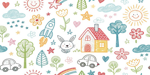 Whimsical hand-drawn doodle seamless pattern with house, rainbow, rocket, flowers, clouds, sun, trees, stars, and car. Cute colorful kids sketch background for fabric, wallpaper, or stationery.