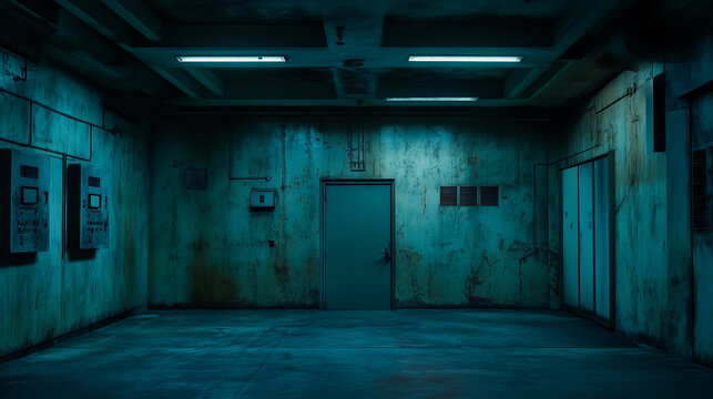 Dark, eerie industrial room with grungy walls, fluorescent lighting, and mysterious door, evoking tension and suspense.