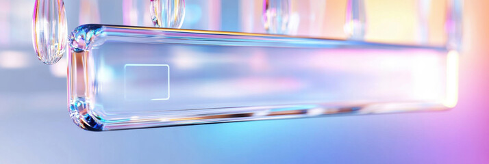 Holographic checklist UI on suspended glass panel with dynamic checkmarks against a soft blue sky gradient. Survey research answer checklist