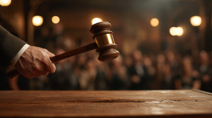 Wooden gavel held by person in formal setting with blurred audience in background, symbolizing justice, law, and courtroom decision making