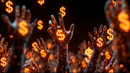 Money Rain: A visual depiction of the allure and pursuit of wealth, showcasing hands reaching upward towards the symbol of the dollar.