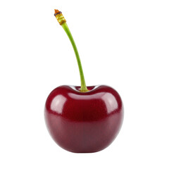A single, pristine, perfectly ripe, deep crimson Prunus avium cherry with a vibrant green stem, isolated on a transparent studio background with soft shadow, macro shot. Concept for premium fruit