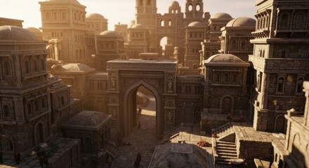 Ancient Stone Cityscape with Grand Archway and Towered Buildings in Warm Sunset Light