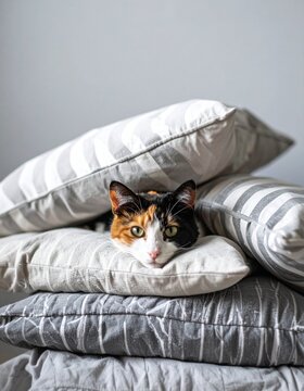 Chat tricolore blotti au milieu de coussins et de couette. Gererated Image.
