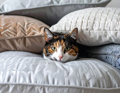 Chat tricolore blotti au milieu de coussins et de couette. Gererated Image.