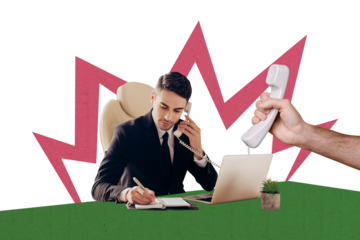 Creative collage picture young man speak phone call answer businessman entrepreneur laptop office worker landline drawing background