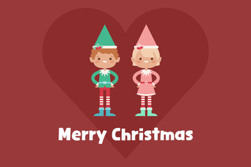 Christmas Elf Couple Illustration with Heart Background, Cute Holiday Greeting Card with Merry Christmas Text