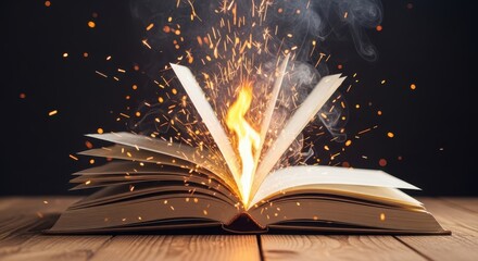 A Magical Book Unleashing Fiery Sparks and Smoke