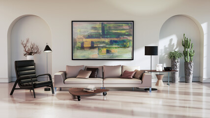 Large luxury modern bright interiors Living room mockup illustration 3D rendering image