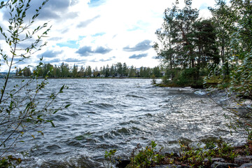 Autumn landscape, lake and wooded area. Strong wind, waves on the lake.