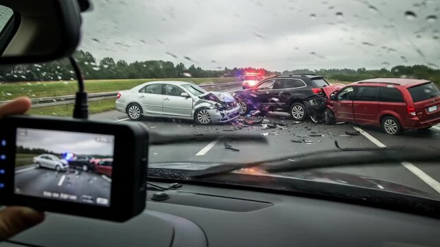 Woman's hand holding dash cam reviewing multi vehicle car crash with emergency lights flashing on highway footage.