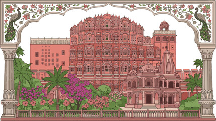 Create a Jaipur palace Hawa Mahal, garden, temple, arch with column, tropical plant, peacock floral decorative frame vector art with white background.