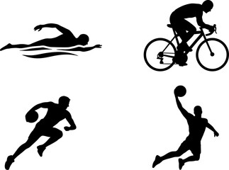 Obraz premium Dynamic silhouettes of athletes engaged in swimming, cycling, running, and basketball.
