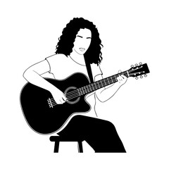 Black and white line art of a cool woman playing guitar in casual outfit minimalist stylish illustration