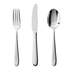 Polished silver fork, knife, spoon, standing upright on transparent background with copy space, photorealistic top-down still life. Concept of premium dining and sophisticated design