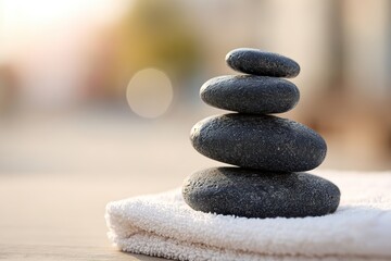 Stack of black stones on a towel in a serene setting