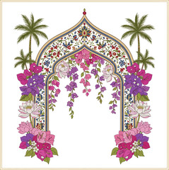 Create a Mughal ethnic arch, Bougainvillea, lotus flowers, palm tree illustration for wedding invitation frame vector art with white background.
