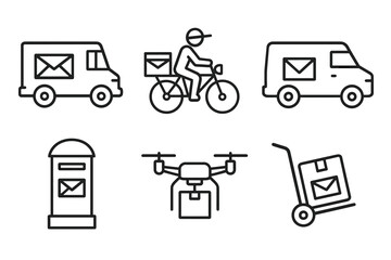 Delivery icon set: vehicles, drone, and package illustrations