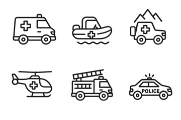Emergency vehicles icons set: ambulance boat helicopter fire truck police car