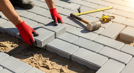 Worker s hands in red gloves laying paving stones for a new patio