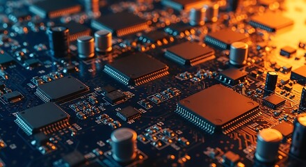 Close up of a complex electronic circuit board with glowing components