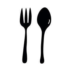 Black silhouette fork and spoon on white background