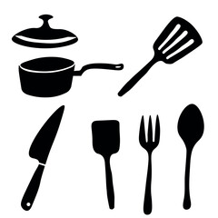 Black silhouette kitchen utensils and cookware set on white background