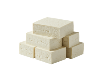 Photorealistic still life of several raw, firm, light off-white tofu blocks in a pyramid stack, rough porous texture, on a transparent background with copy space. Concept of plant-based nutrition