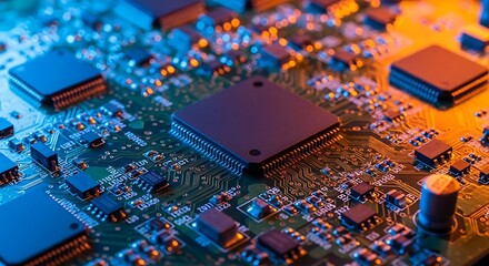 Close up of a complex electronic circuit board with colorful lighting