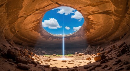 A Shaft of Light Illuminates A Cave Entrance With A Blue Sky Above