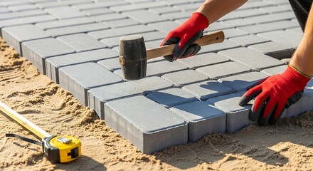 Construction worker laying interlocking concrete pavers with a rubber mallet